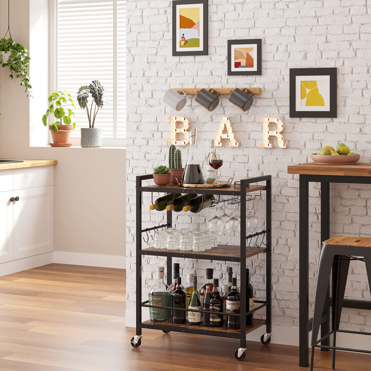 TUTOTAK bar cart with wine rack and glass holder for organized entertaining spaces