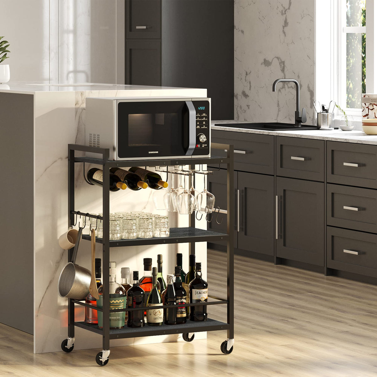 TUTOTAK Bar Cart BC01BK030 with wine rack and glass holder for stylish entertaining.