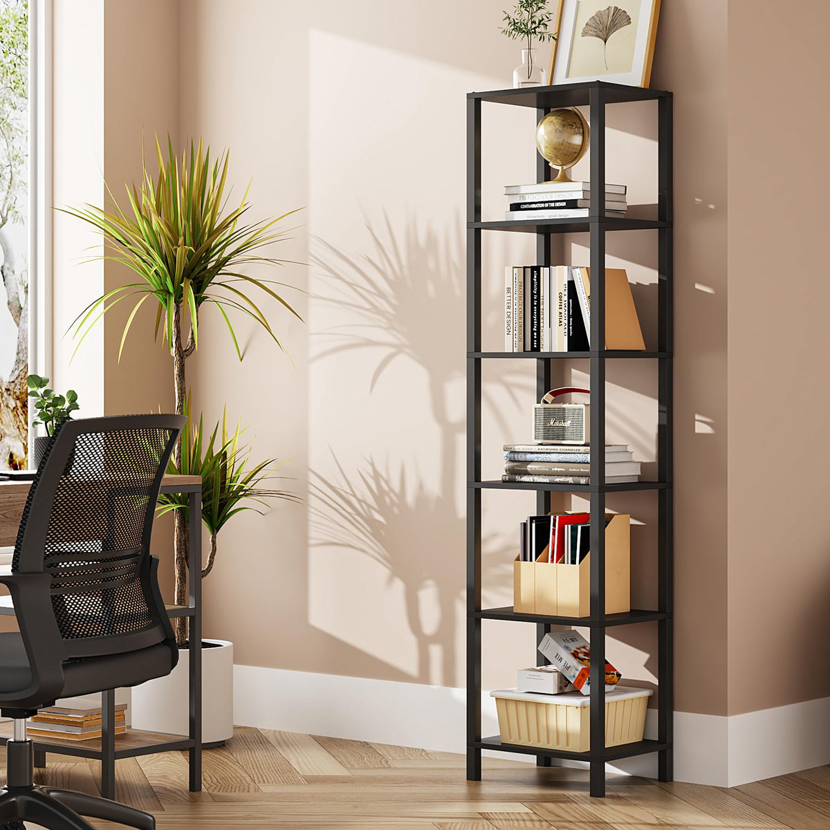 TUTOTAK 6-tier narrow bookshelf assembly showcases space-saving design