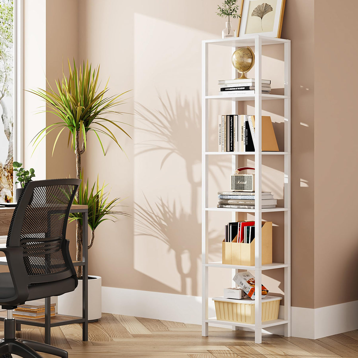 TUTOTAK 6-tier narrow bookshelf shown in compact living room setup for space-saving storage.