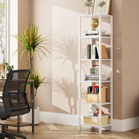 TUTOTAK 6-tier narrow bookshelf shown in compact living room setup for space-saving storage.