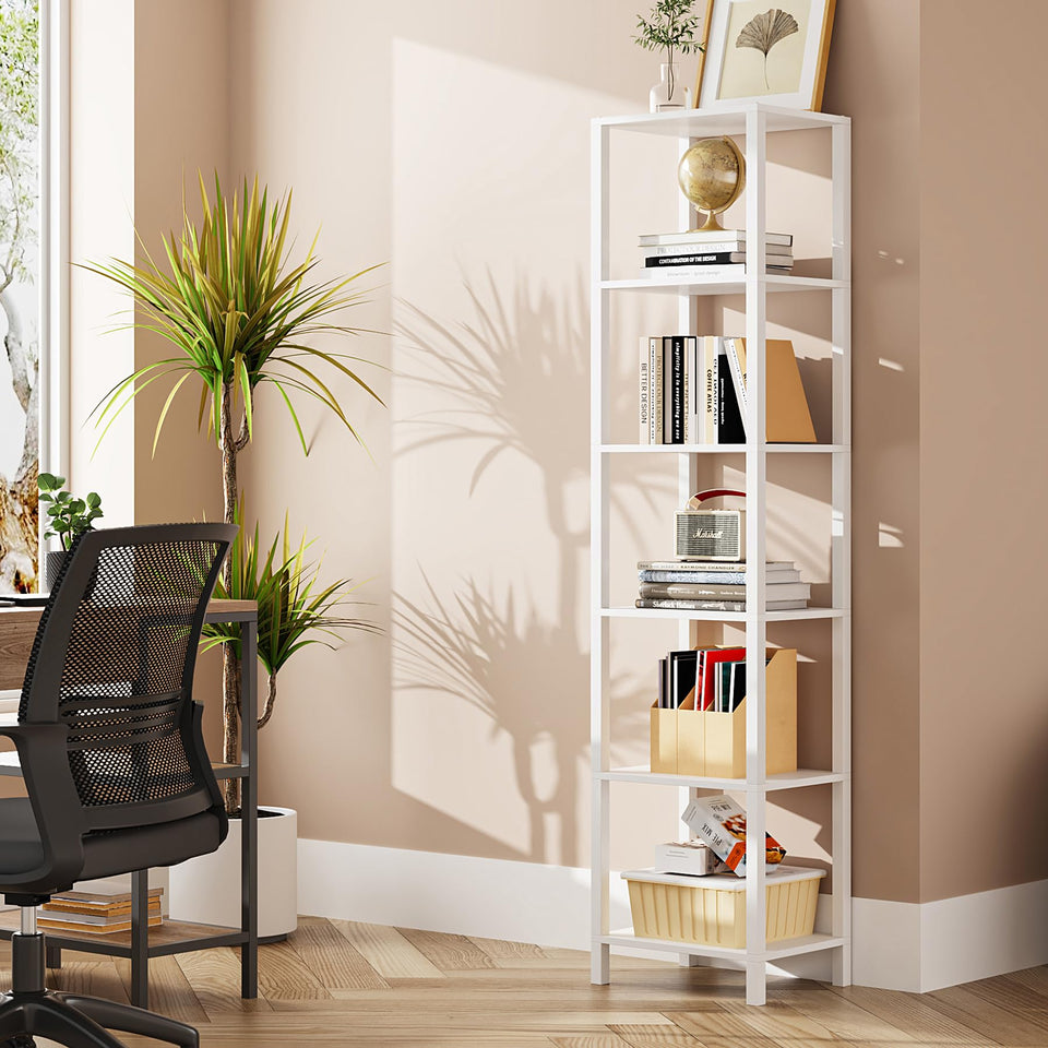 TUTOTAK 6-tier narrow bookshelf shown in compact living room setup for space-saving storage.