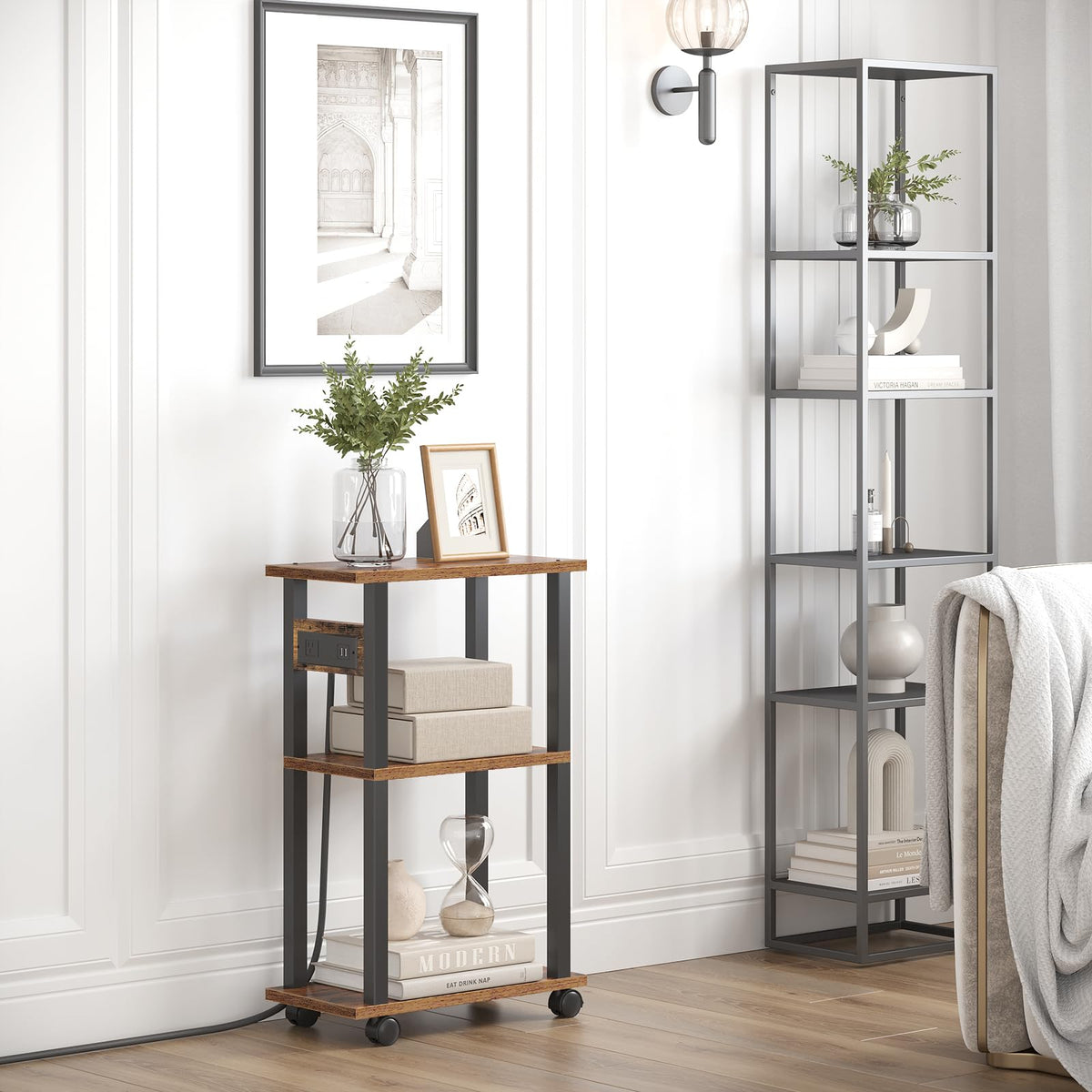 TUTOTAK brown finish narrow side table blending into living room decor
