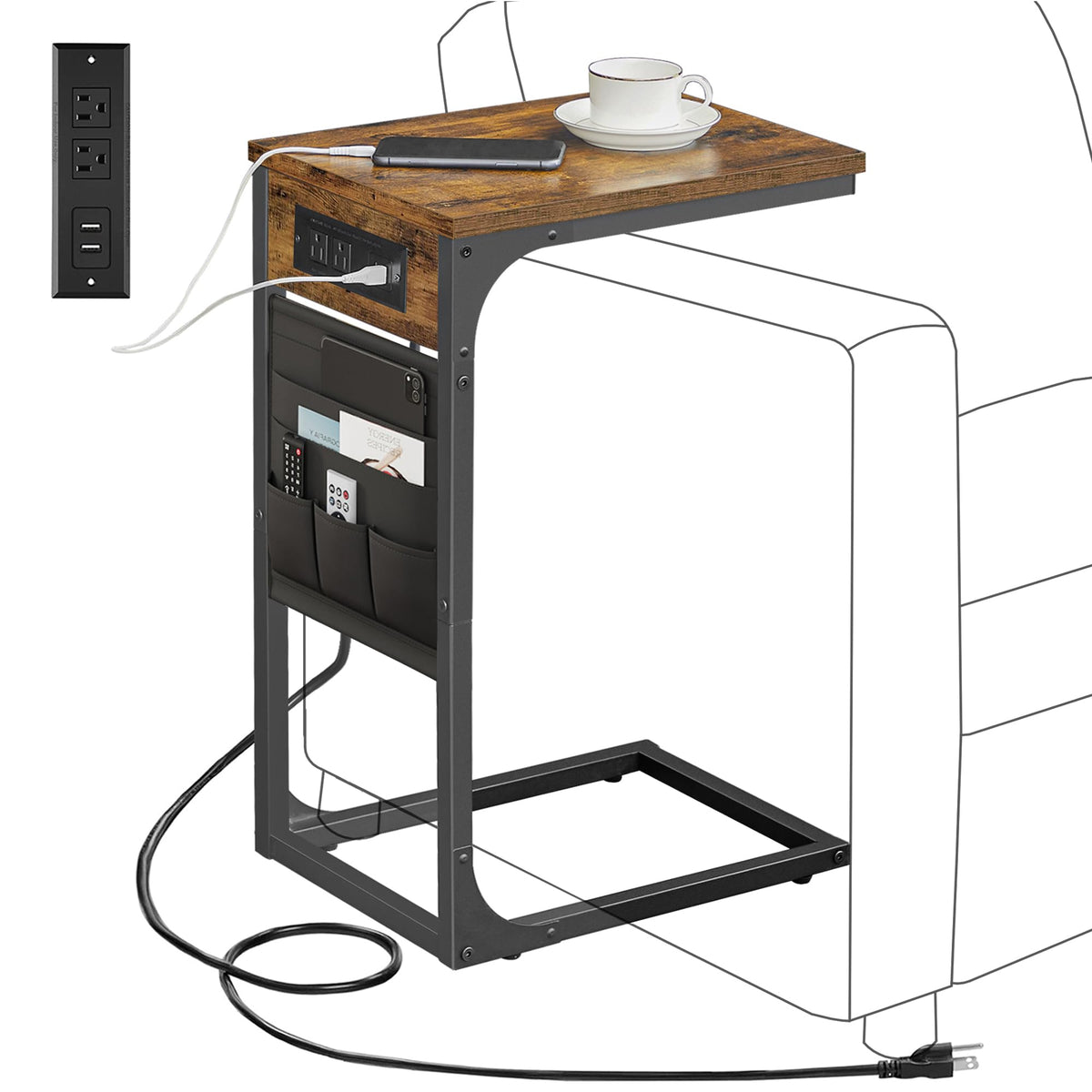 TUTOTAK C-shaped end table with charging station keeps devices charged from the sofa.