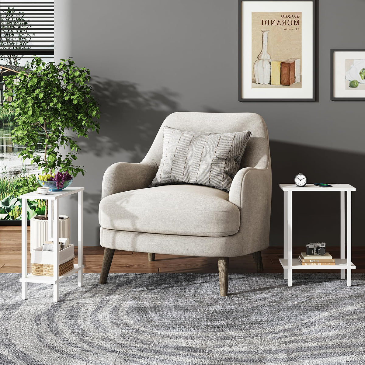 TUTOTAK compact bedside table showing 7.9" depth and versatile use.