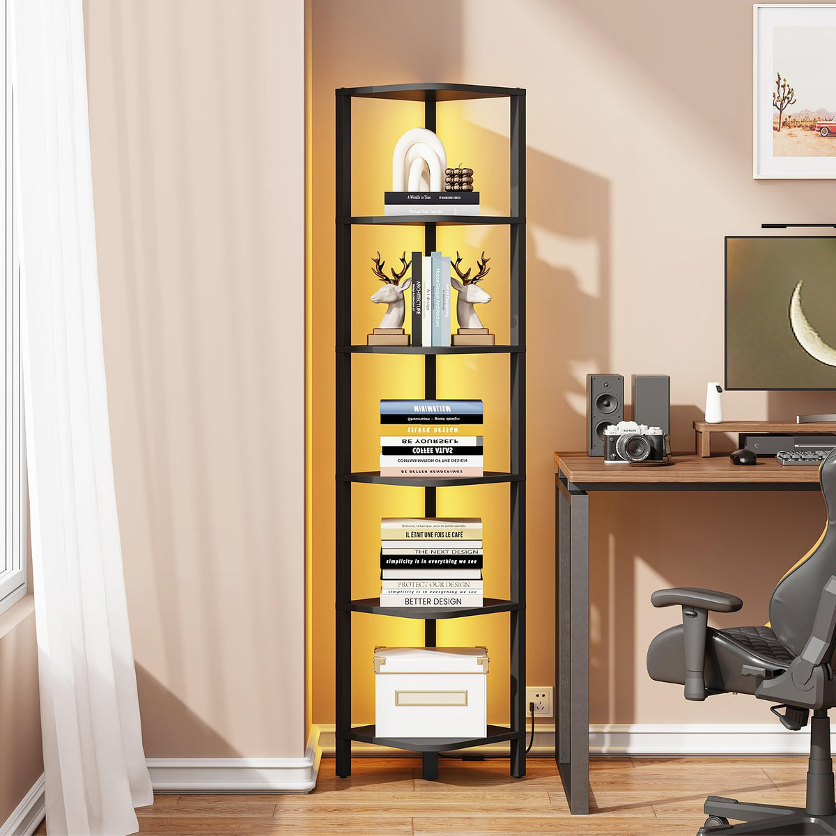 TUTOTAK corner shelf with anti-tilt wall strap adds stability.