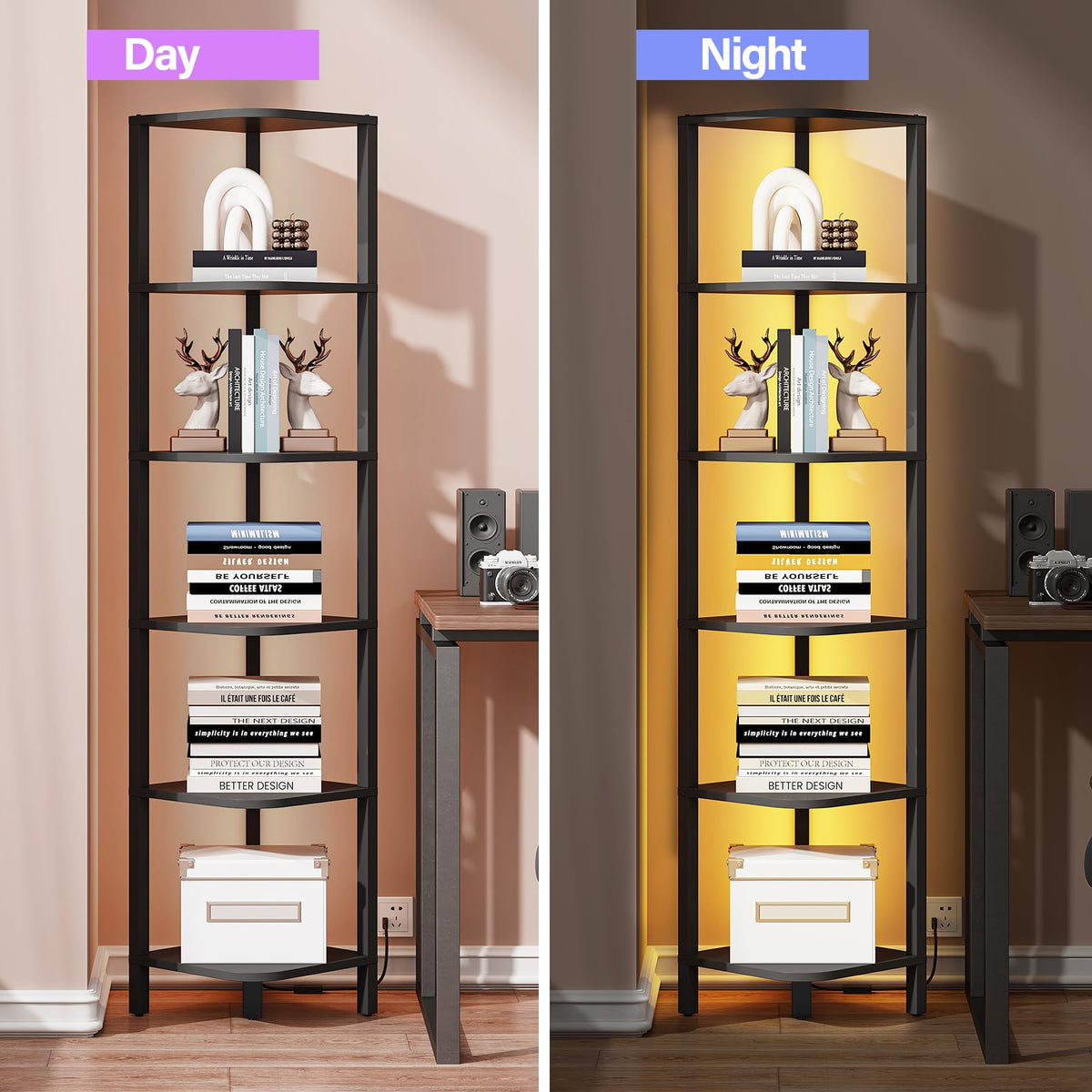 TUTOTAK black finish corner shelf features adjustable feet to protect floors.