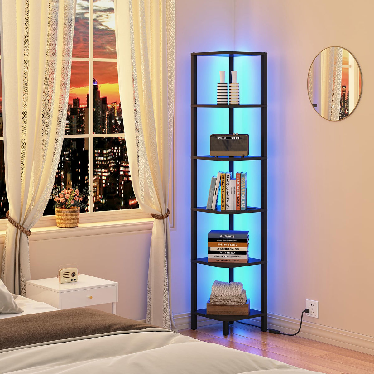 TUTOTAK corner shelf with LED light enhances decor and organization.