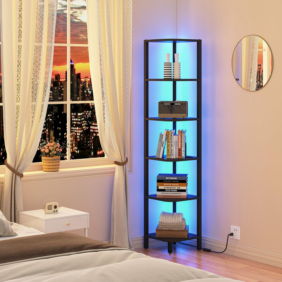 TUTOTAK corner shelf with LED light enhances decor and organization.
