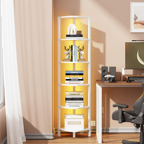 TUTOTAK corner shelf with LED light enhances living room ambiance and display.