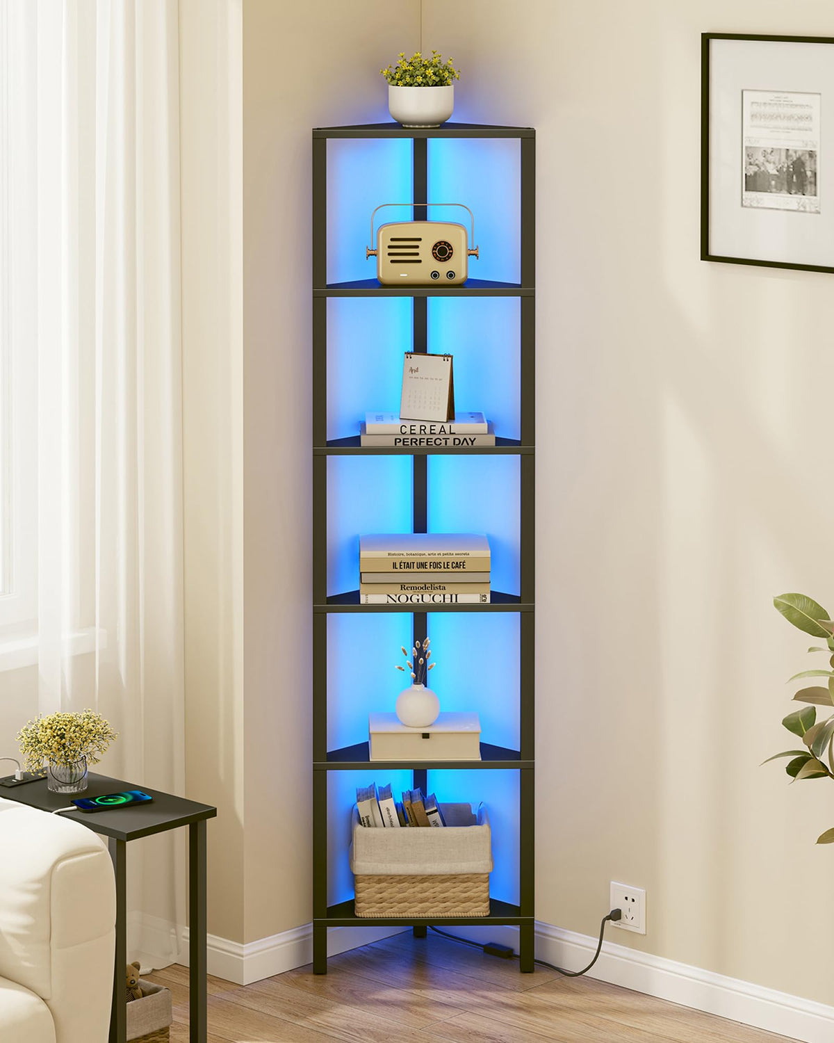 TUTOTAK corner shelf with LED strip creating ambient lighting in a living room
