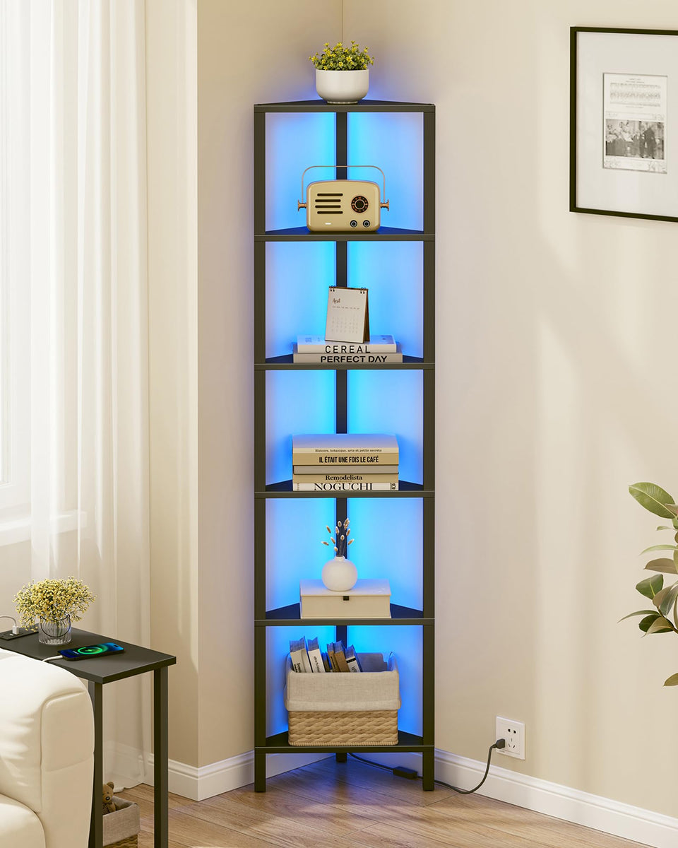 TUTOTAK corner shelf with LED strip creating ambient lighting in a living room