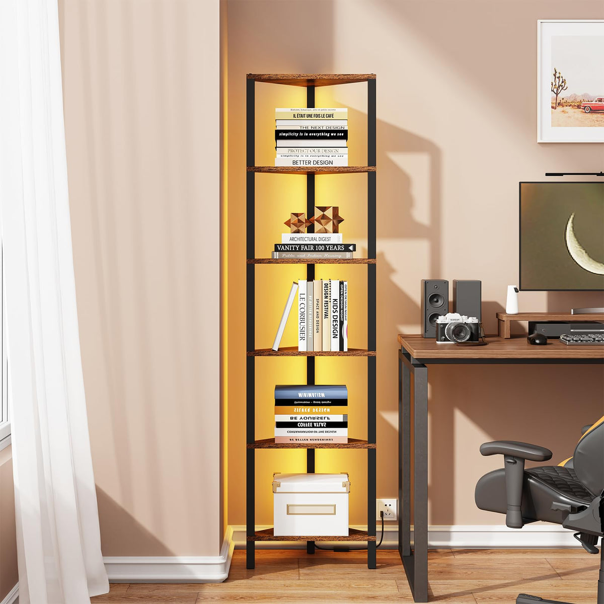 TUTOTAK Corner Shelf narrow stand fits tight corners for extra storage.