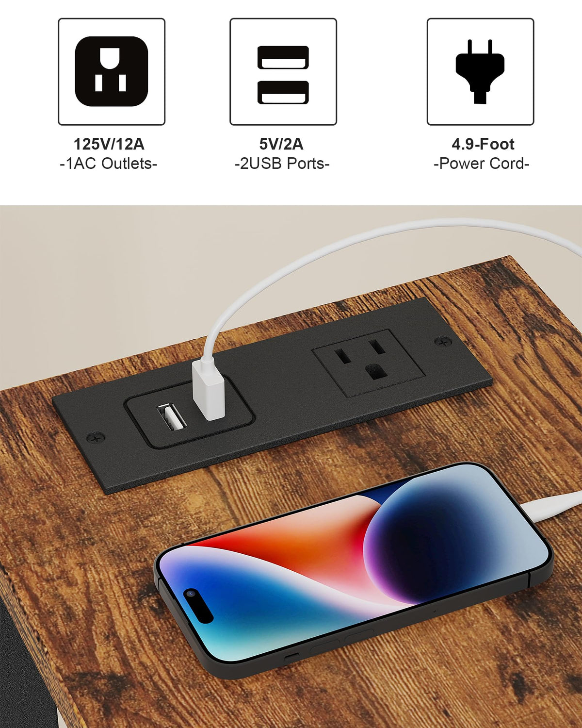 TUTOTAK bedroom setup with outlets and storage on nightstand