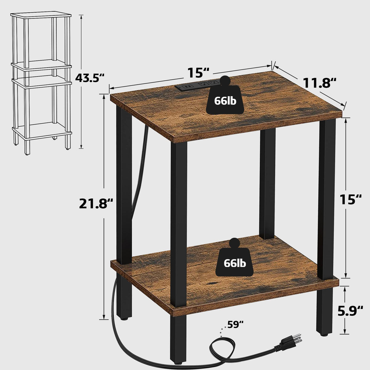 TUTOTAK end table dimensions 21.8 inches high, 15 inches wide, 11.8 inches deep