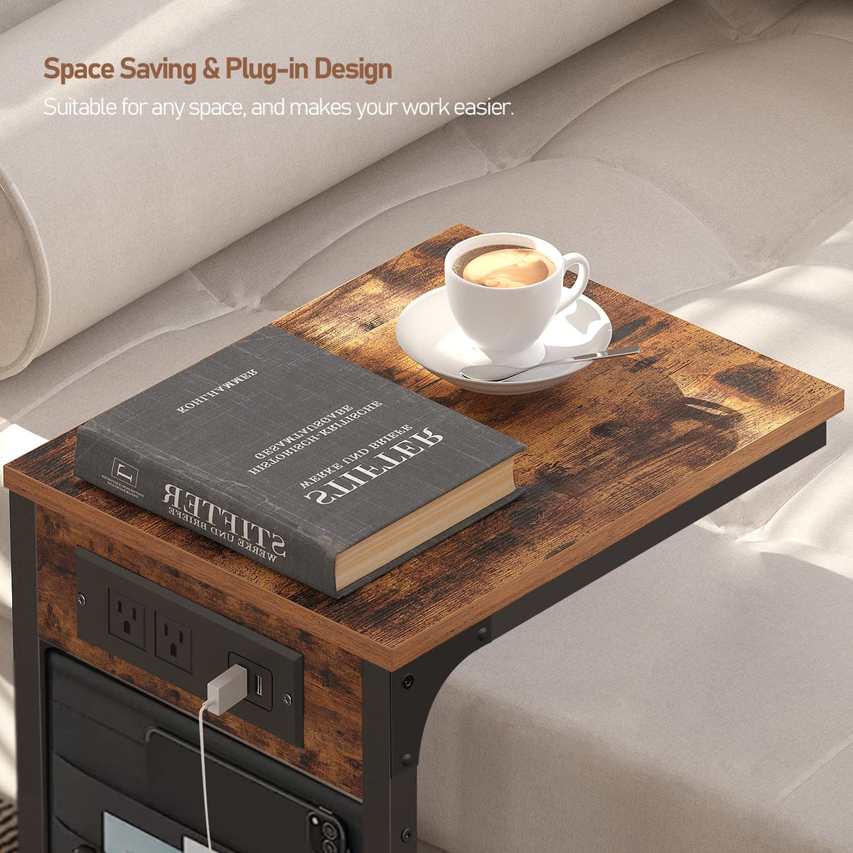 TUTOTAK end table with storage bag stores magazines and tablets within reach.