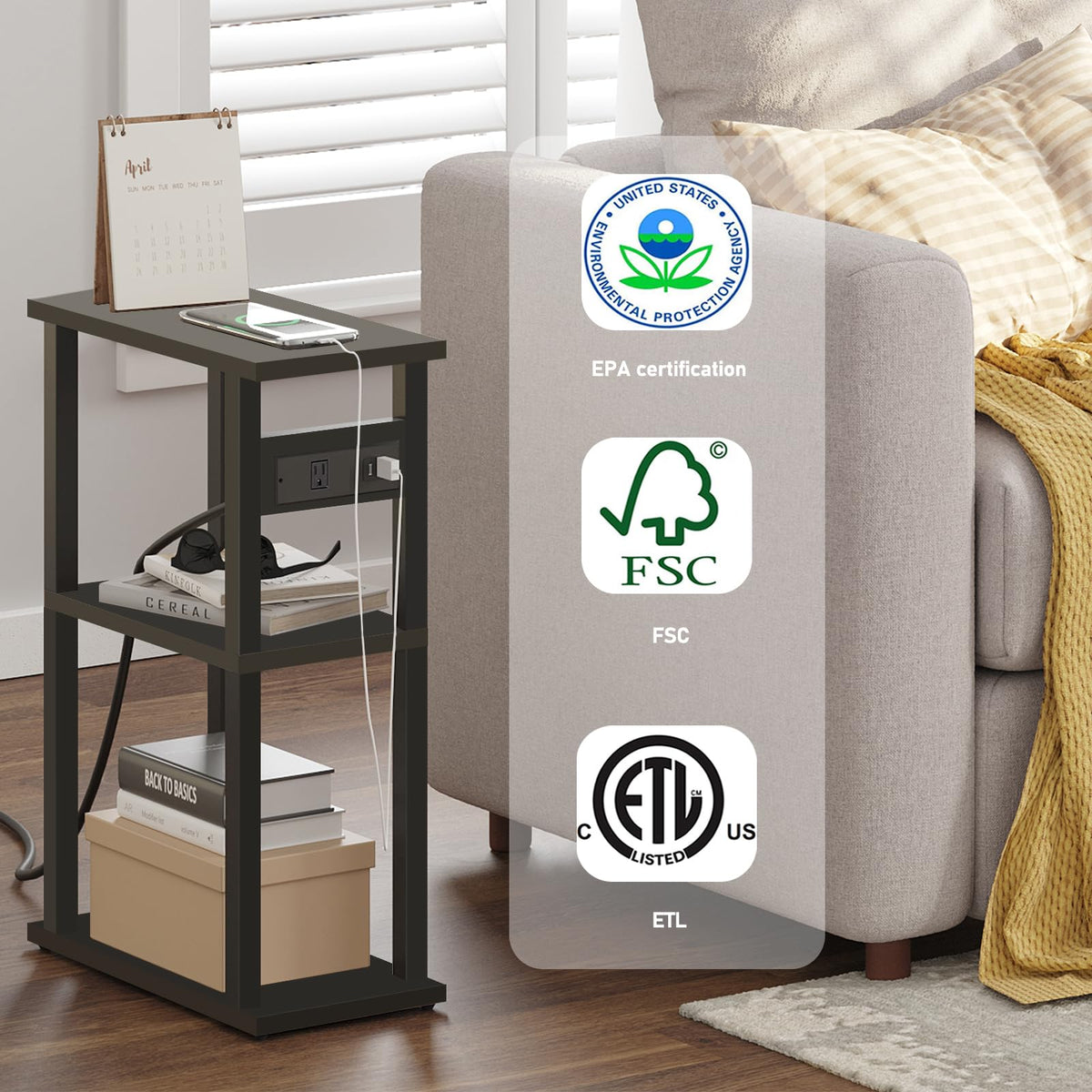 TUTOTAK end table with wheels and adjustable feet for easy mobility and floor protection.