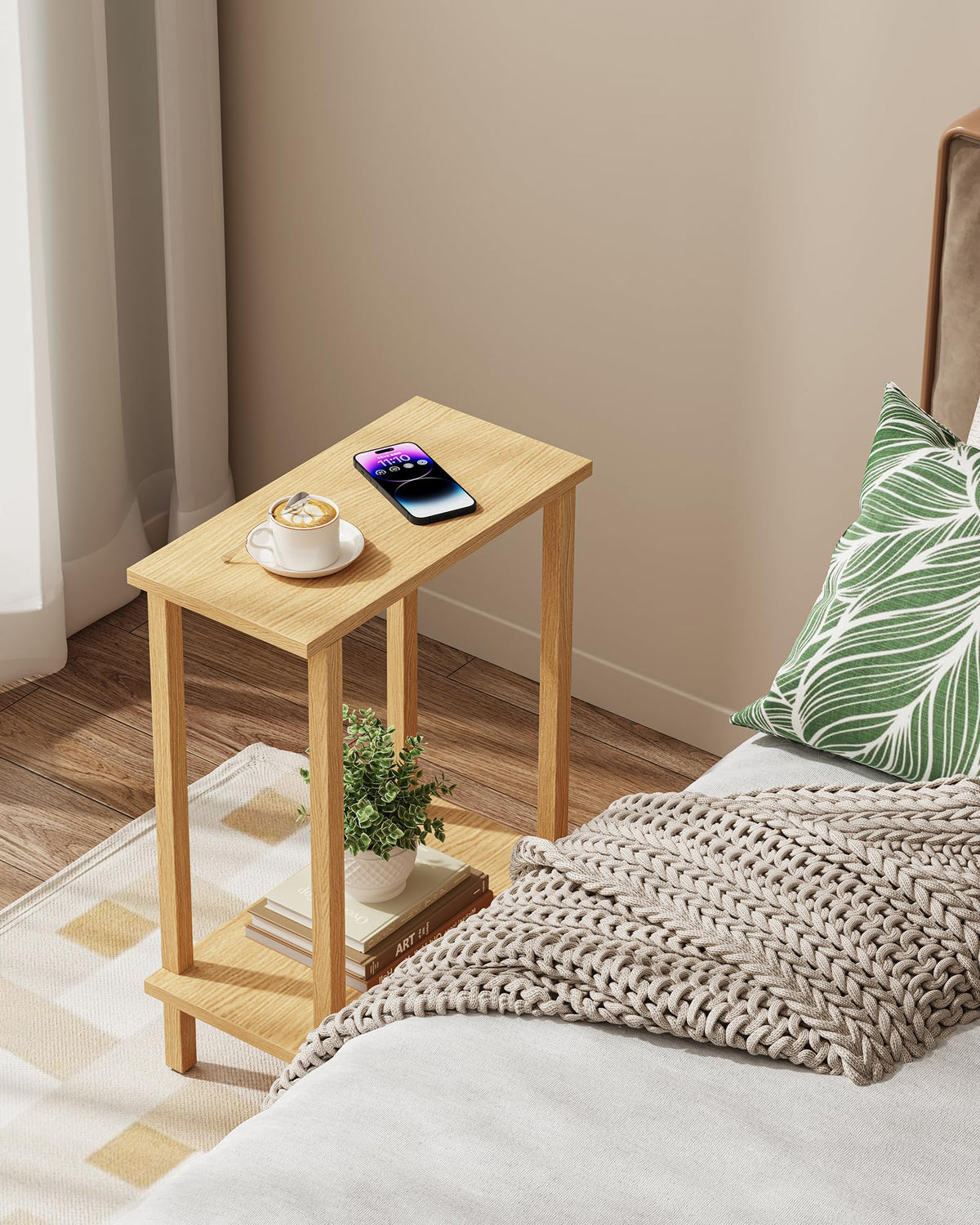 TUTOTAK slim nightstand beside bed keeps essentials within reach.