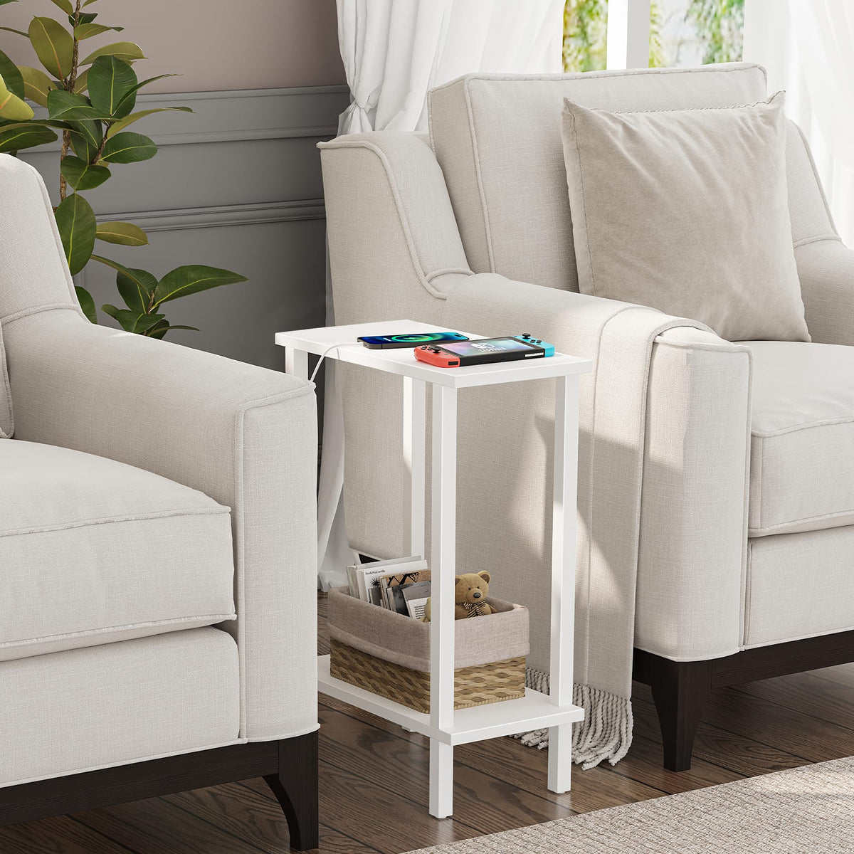 TUTOTAK slim nightstand close-up, sturdy frame and clean white finish.