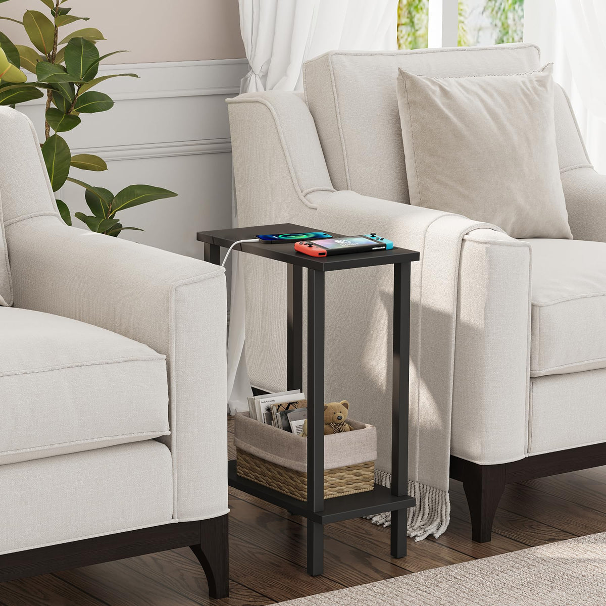 TUTOTAK side table with coffee cup, demonstrating convenient bedside access.