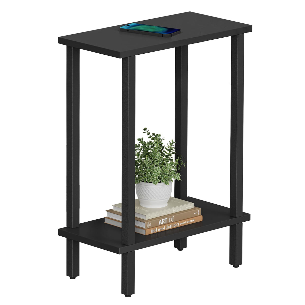 TUTOTAK small side table in black, full front view showing slim, space-saving design.