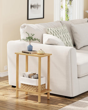 TUTOTAK small side table top shelf with two-tier storage for drinks and remotes.