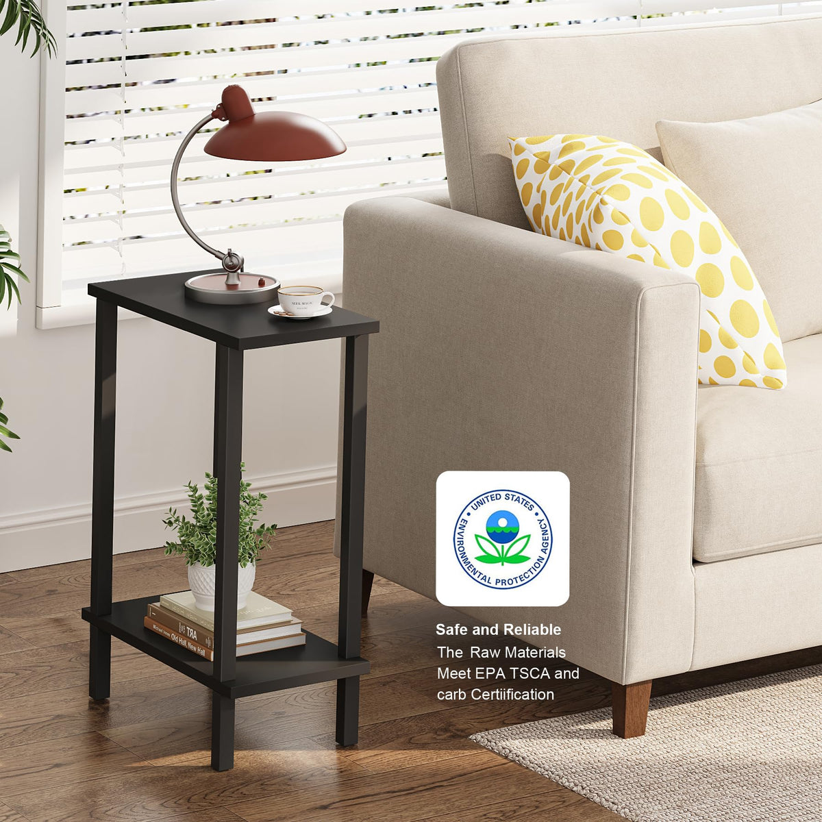 TUTOTAK small side table with two shelves, ideal for sofa-side storage.