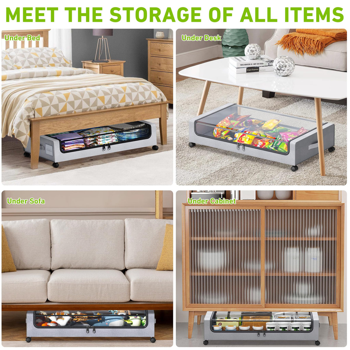Tututry under-bed organizer fits under beds and sofas for clutter control.