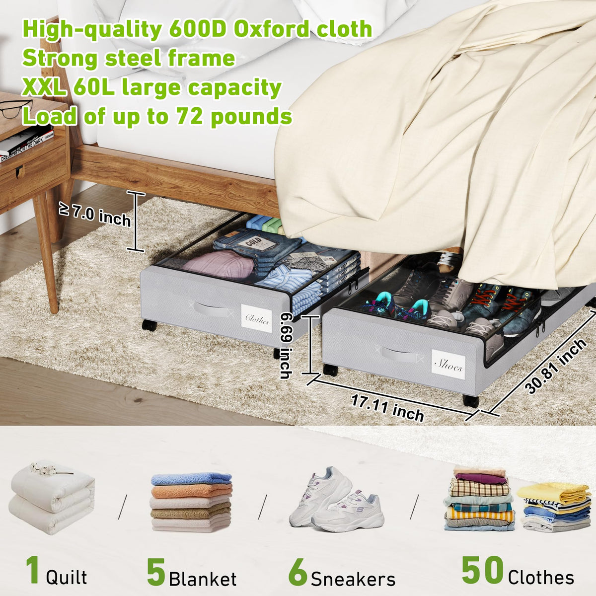 Tututry under-bed storage bin with lids and label for quick item identification.