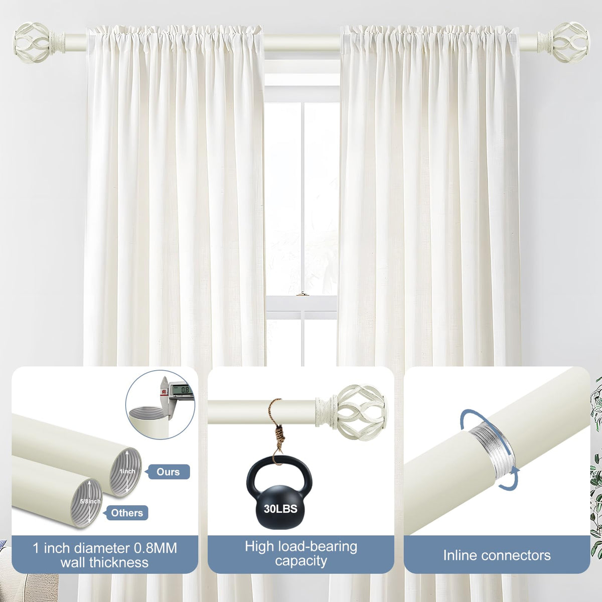 TVWOO 1-inch diameter telescoping curtain rod length adjustment for precise fit.