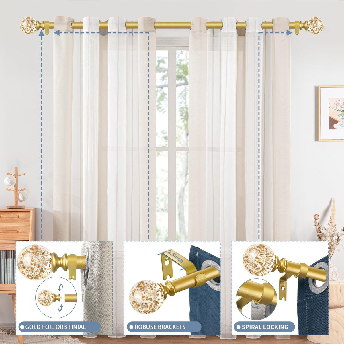 TVWOO adjustable telescoping curtain rod ends fit various window widths.