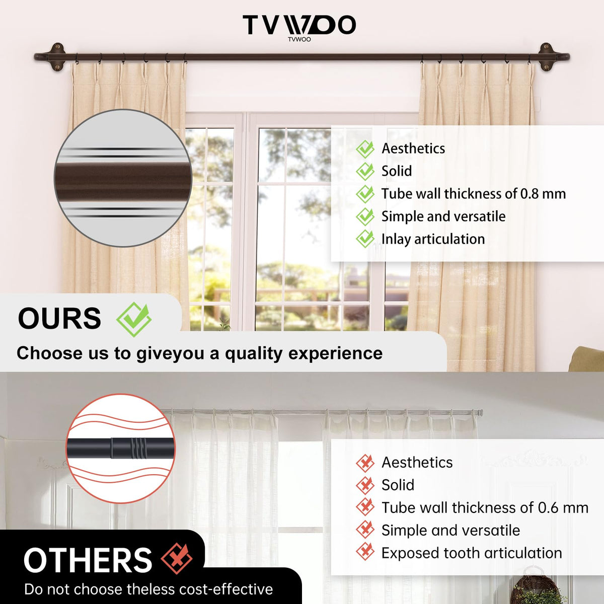 TVWOO inner telescoping section enables precise length matching for your window.