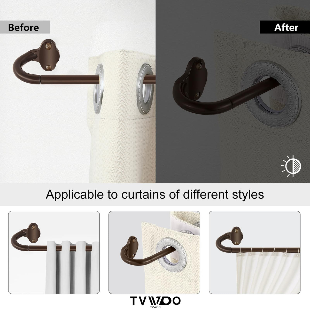 TVWOO mounted window example demonstrates room-darkening effect and bronze finish.