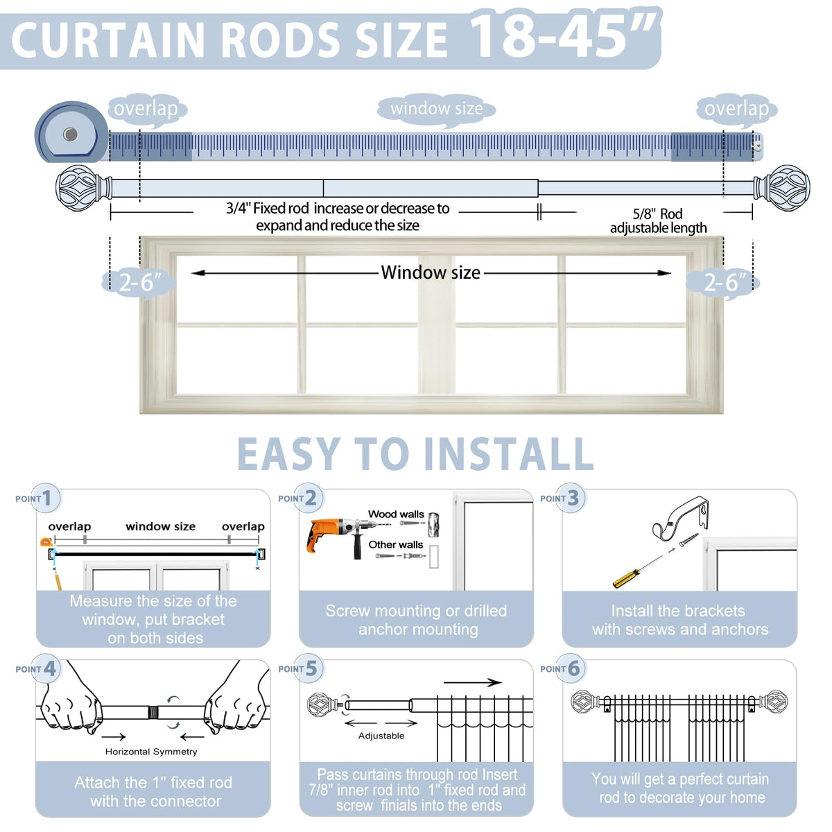 TVWOO curtain rod accessories including brackets and screws for secure mounting.