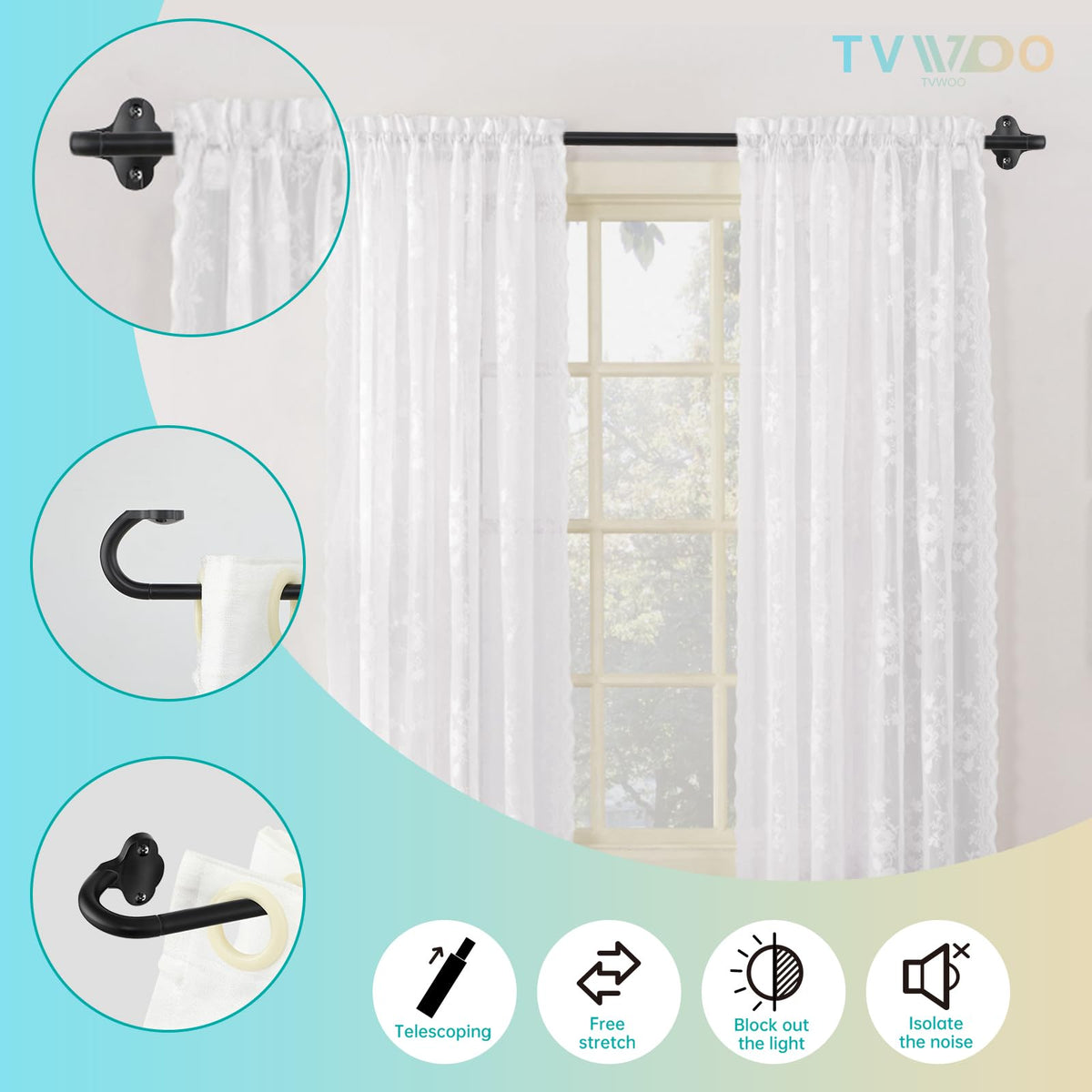 TVWOO matte black finish curtain rod adds a sleek, modern look to any window.