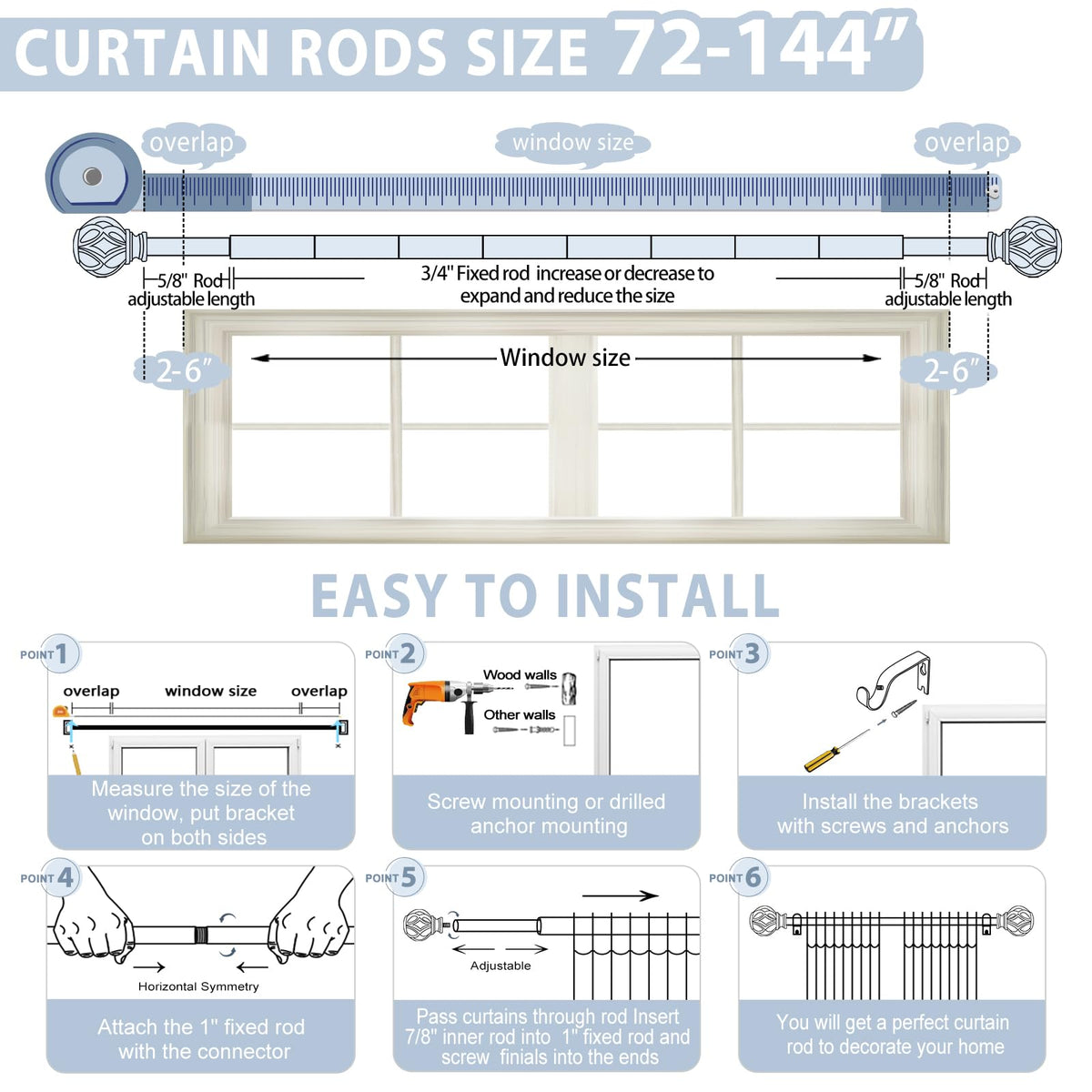 TVWOO 72-150 inch rod extended showcases flexible fit for diverse windows.