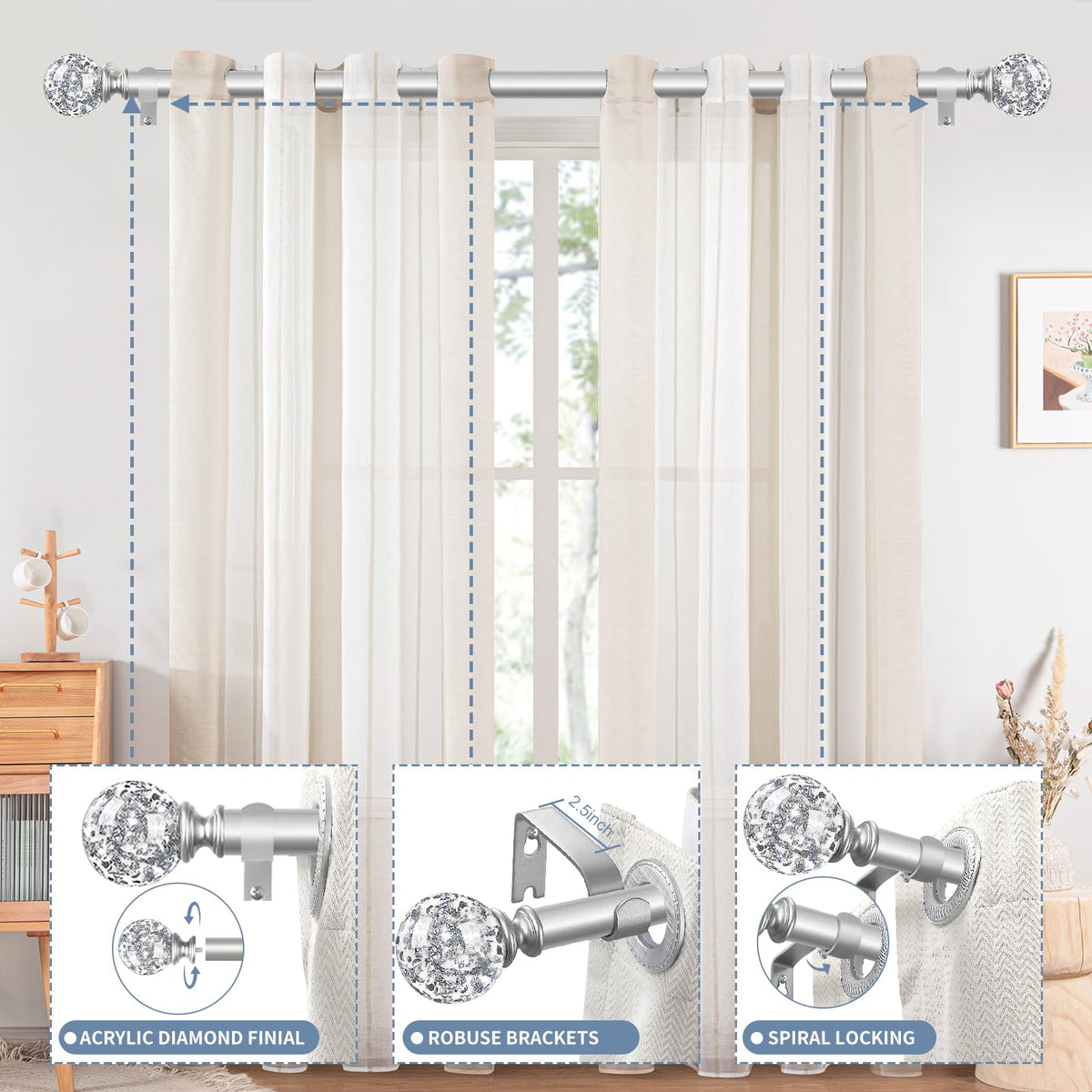 TVWOO glittering finials highlight drapery with subtle shine