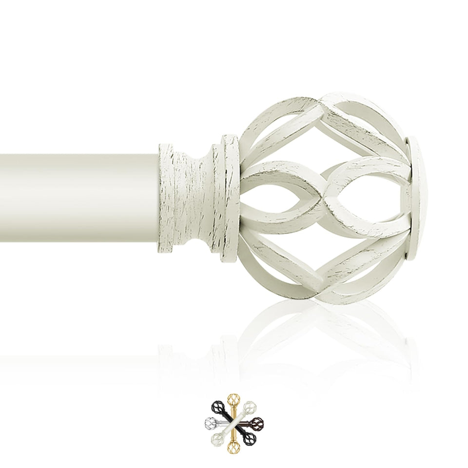 TVWOO white farmhouse curtain rod with twisted cage finial adds modern elegance to any window.