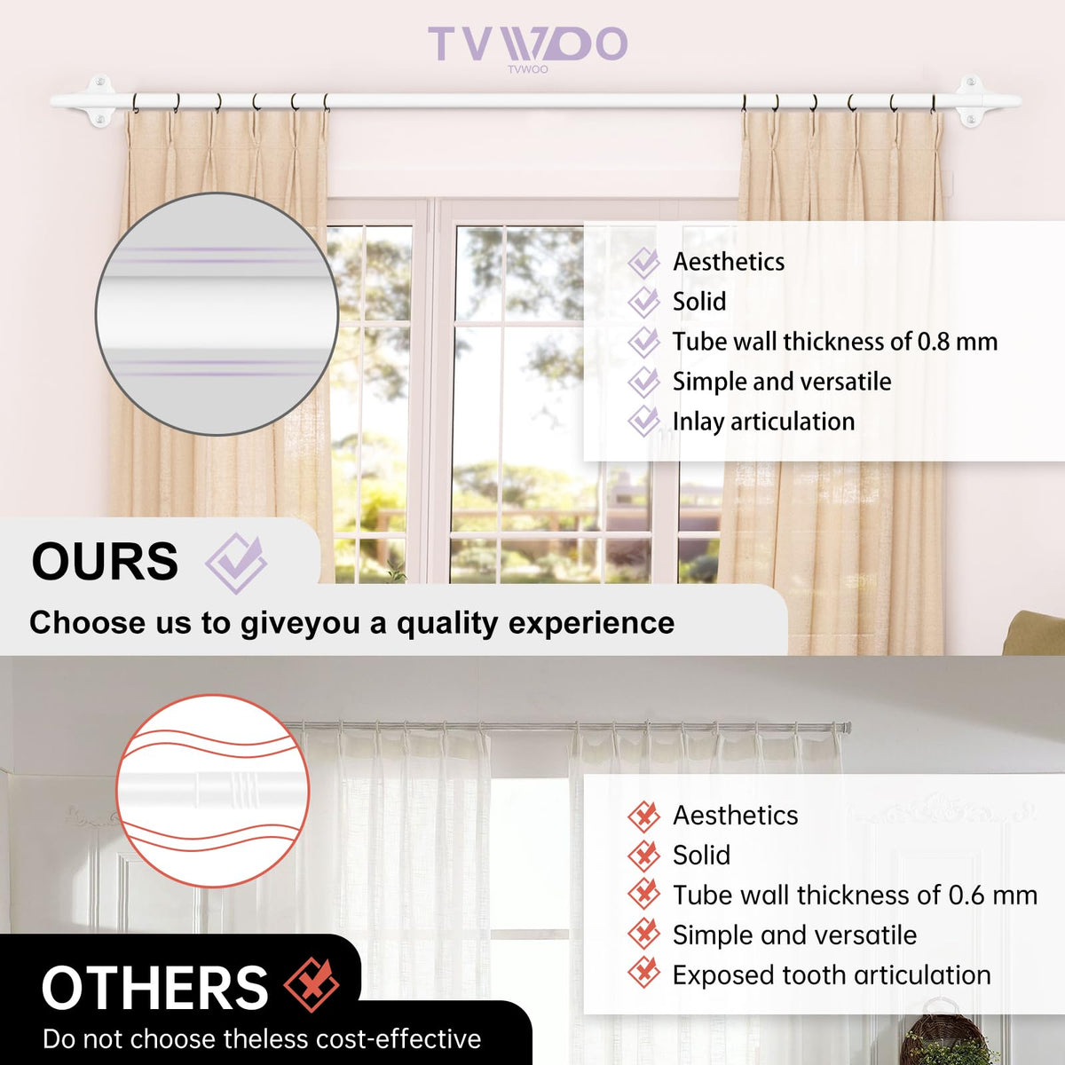 TVWOO telescoping inner rod, adjustable length for precise window fit.