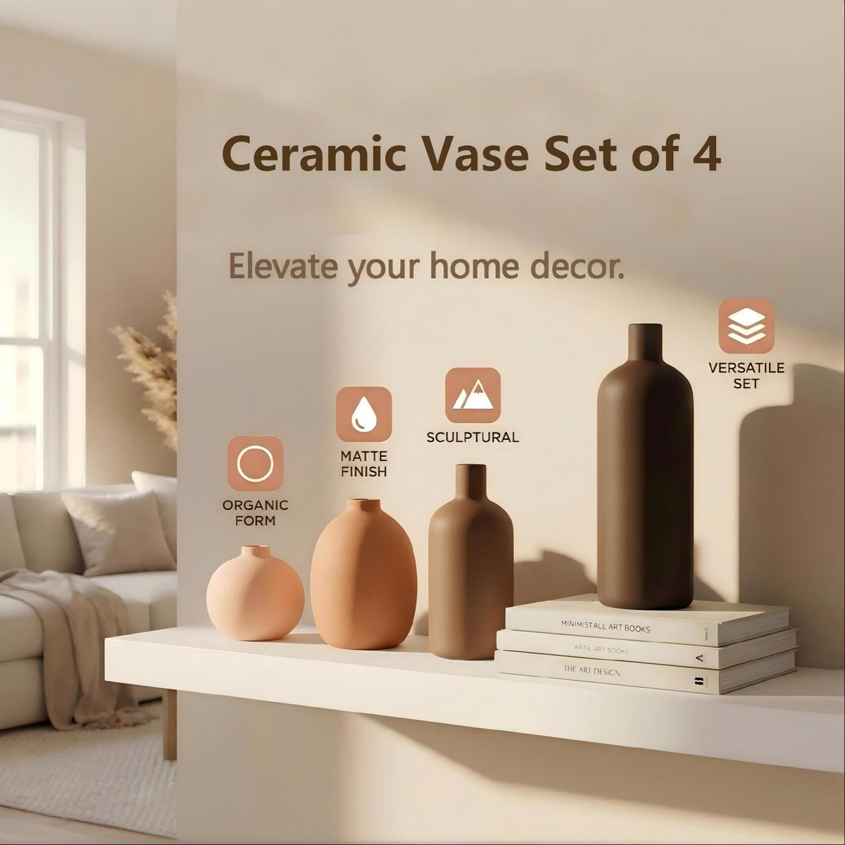 Tvzouo ceramic vase set used as standalone art to elevate shelves
