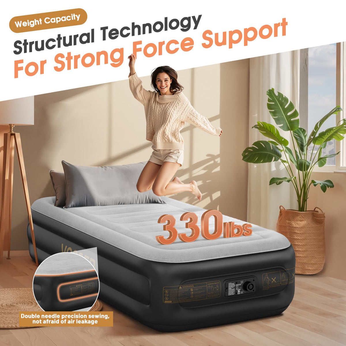 VOSSER twin air mattress anti-slip base prevents movement on any floor.