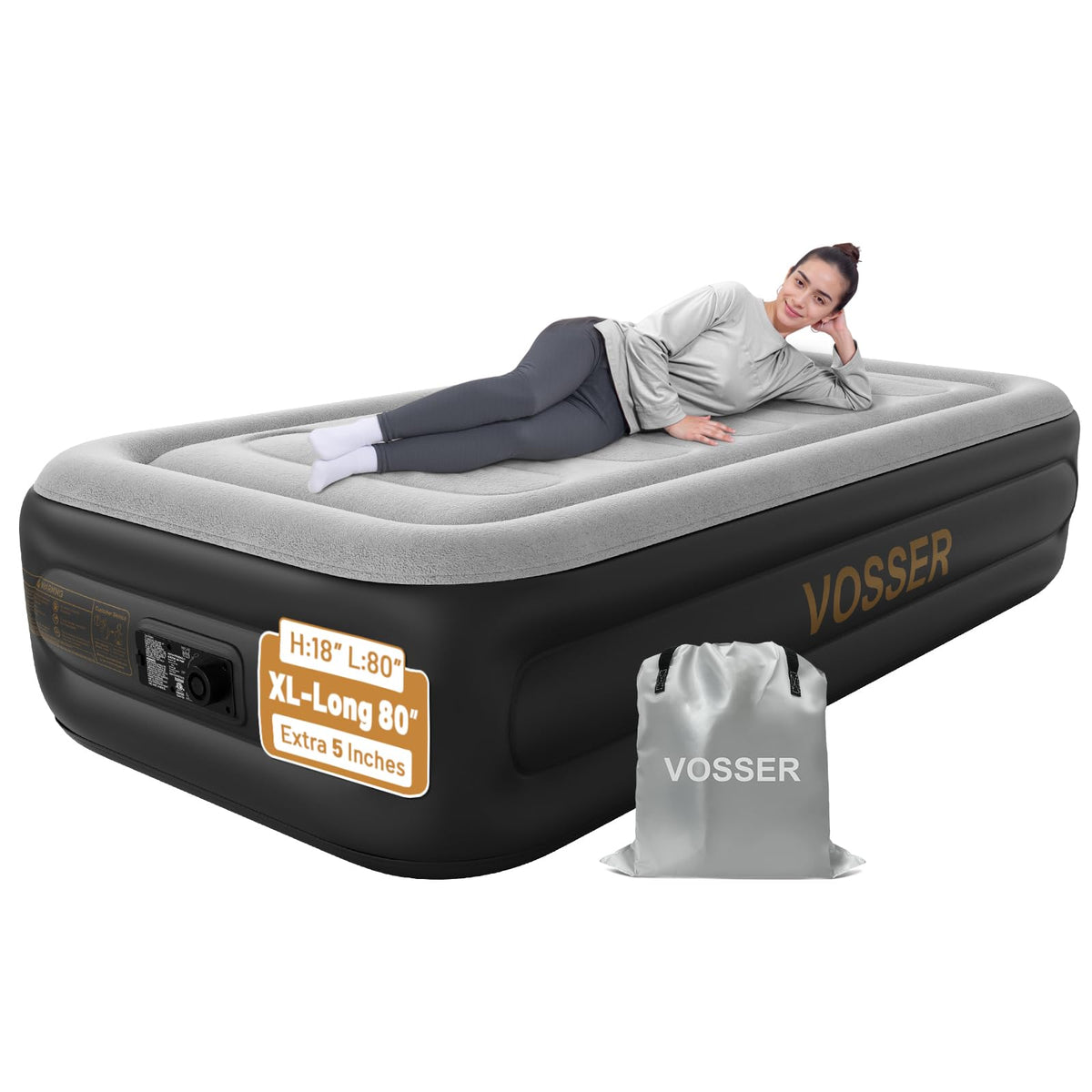VOSSER twin air mattress with built-in pump for fast setup.