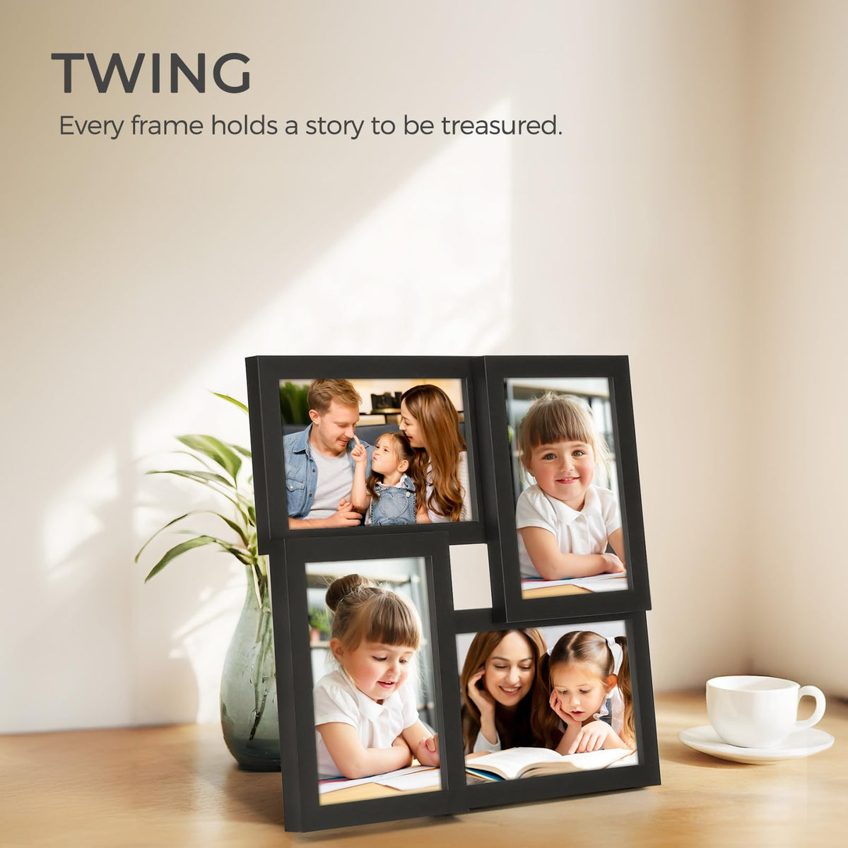 TWING 4x6 collage frame close-up shows HD plexiglass cover protecting prints.