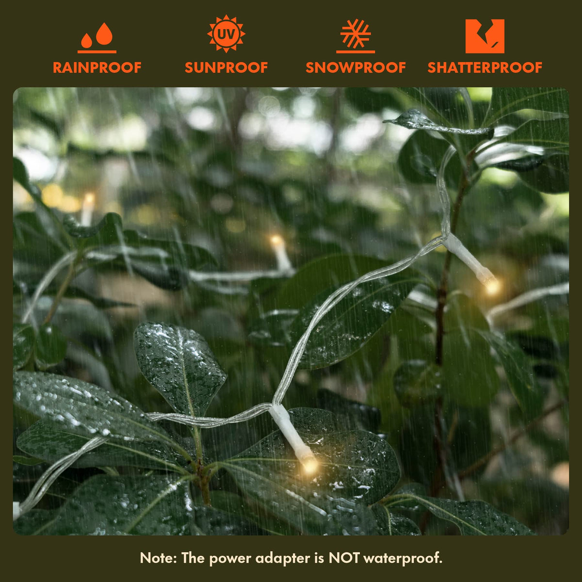 Twinkle Star transformer is IP44 waterproof; avoid submersion.