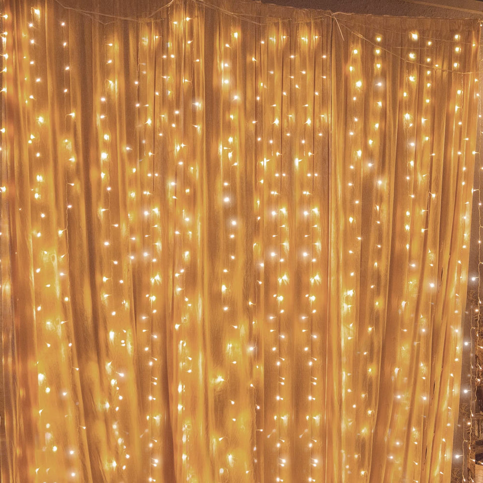 Twinkle Star 300 LED window curtain light pack creates cozy window ambiance