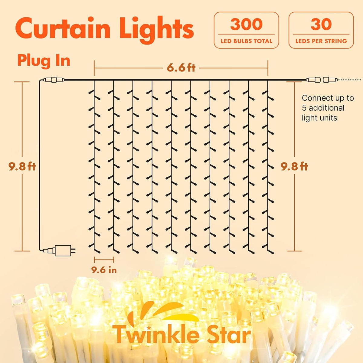 Twinkle Star warm white LED curtain lights glow for weddings and events