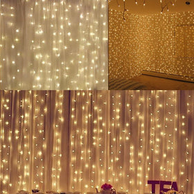 Twinkle Star 600 LED curtain lights set festive mood for holidays and parties.