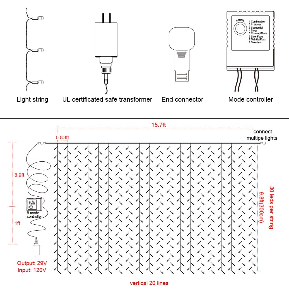 Twinkle Star 600 LED curtain lights plug into standard outlets with a long leading wire.
