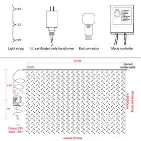 Twinkle Star 600 LED curtain lights plug into standard outlets with a long leading wire.