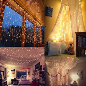 Twinkle Star 600 LED curtain lights in warm white create a soft indoor glow.